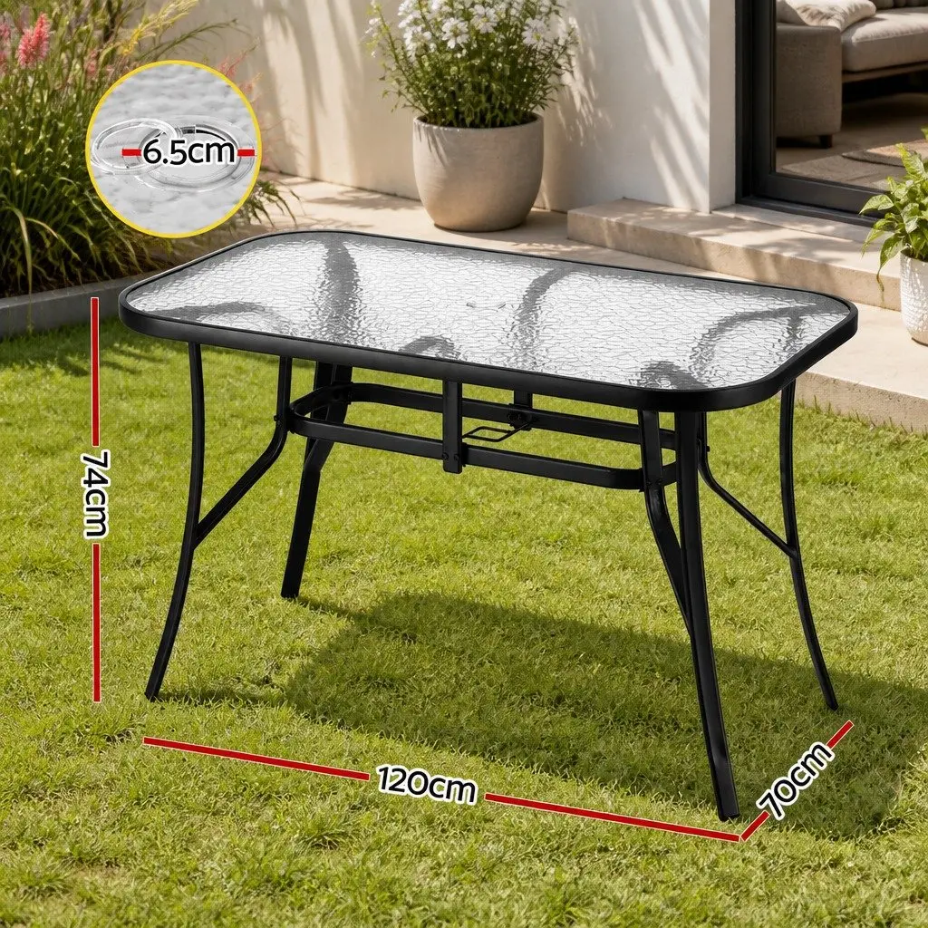 Outdoor Dining Table Black 120cm Steel Frame Tempered Glass Parasol Hole