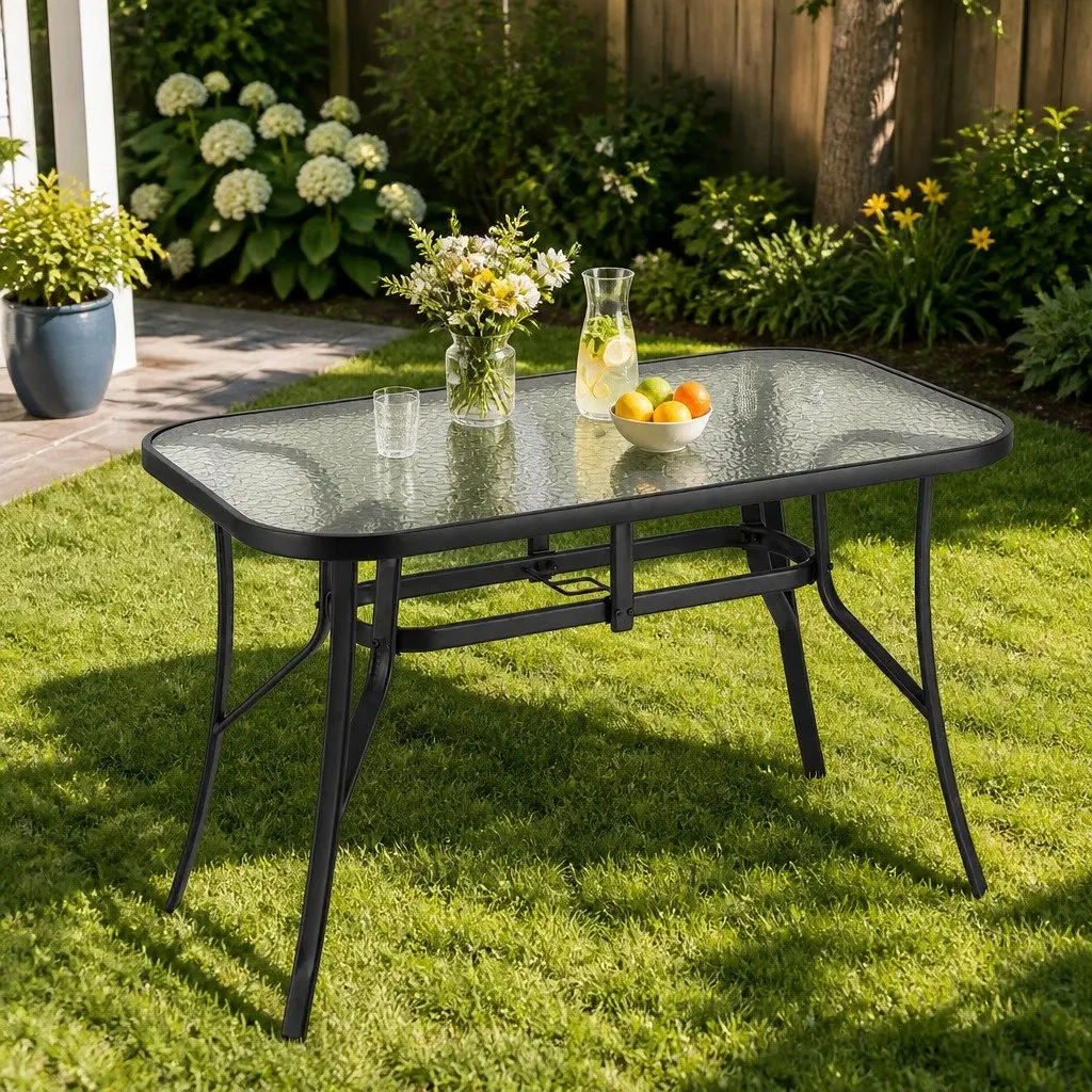 Outdoor Dining Table Black 120cm Steel Frame Tempered Glass Parasol Hole