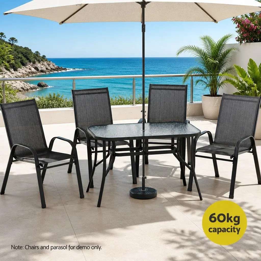 Outdoor Dining Table Black 120cm Steel Frame Tempered Glass Parasol Hole