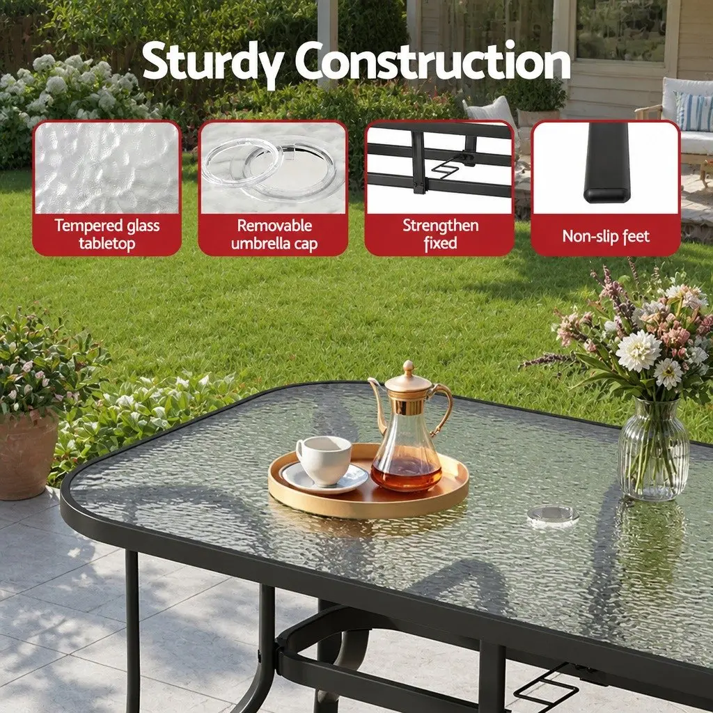 Outdoor Dining Table Black 120cm Steel Frame Tempered Glass Parasol Hole
