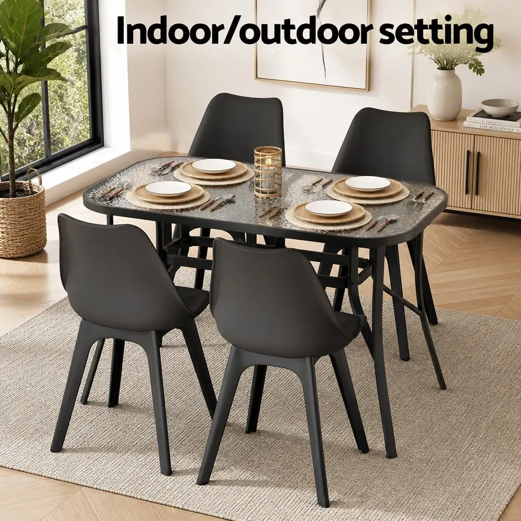 Outdoor Dining Table Black 120cm Steel Frame Tempered Glass Parasol Hole