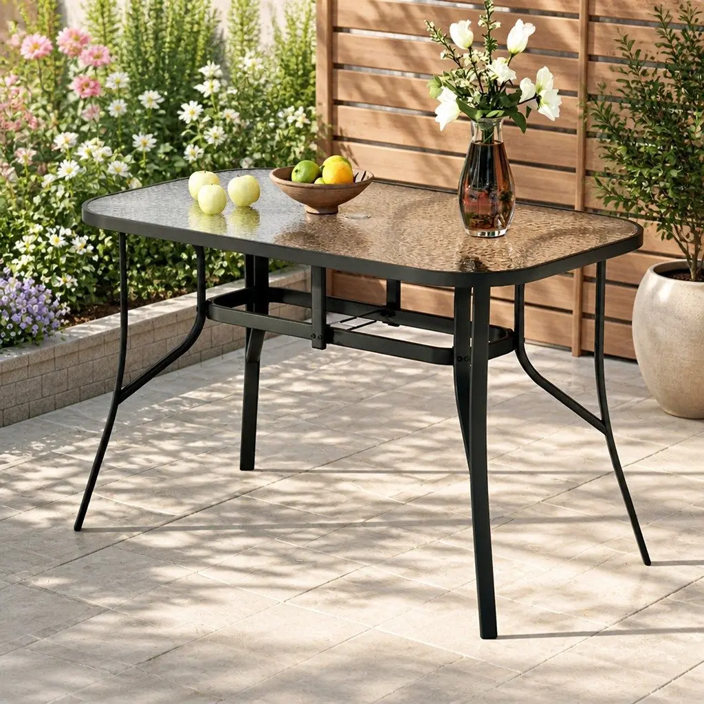 Outdoor Dining Table Black 120cm Steel Frame Tempered Glass Parasol Hole