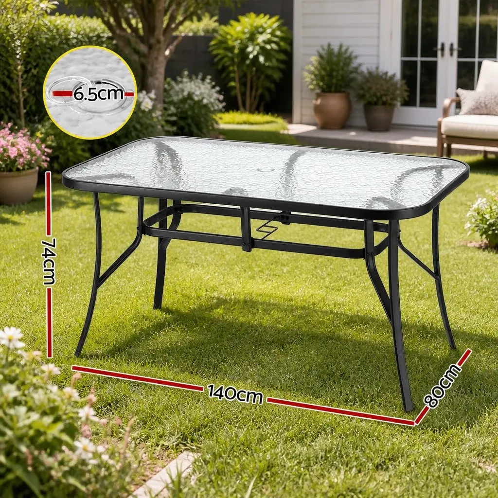 Outdoor Dining Table Black 140cm Steel Frame Tempered Glass Parasol Hole