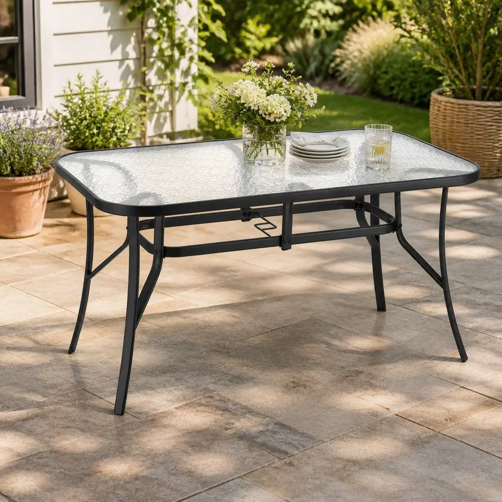 Outdoor Dining Table Black 140cm Steel Frame Tempered Glass Parasol Hole