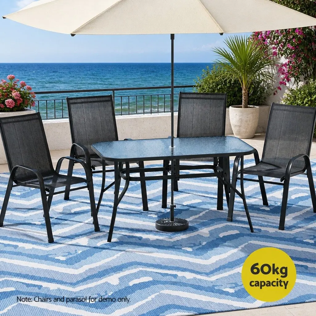 Outdoor Dining Table Black 140cm Steel Frame Tempered Glass Parasol Hole