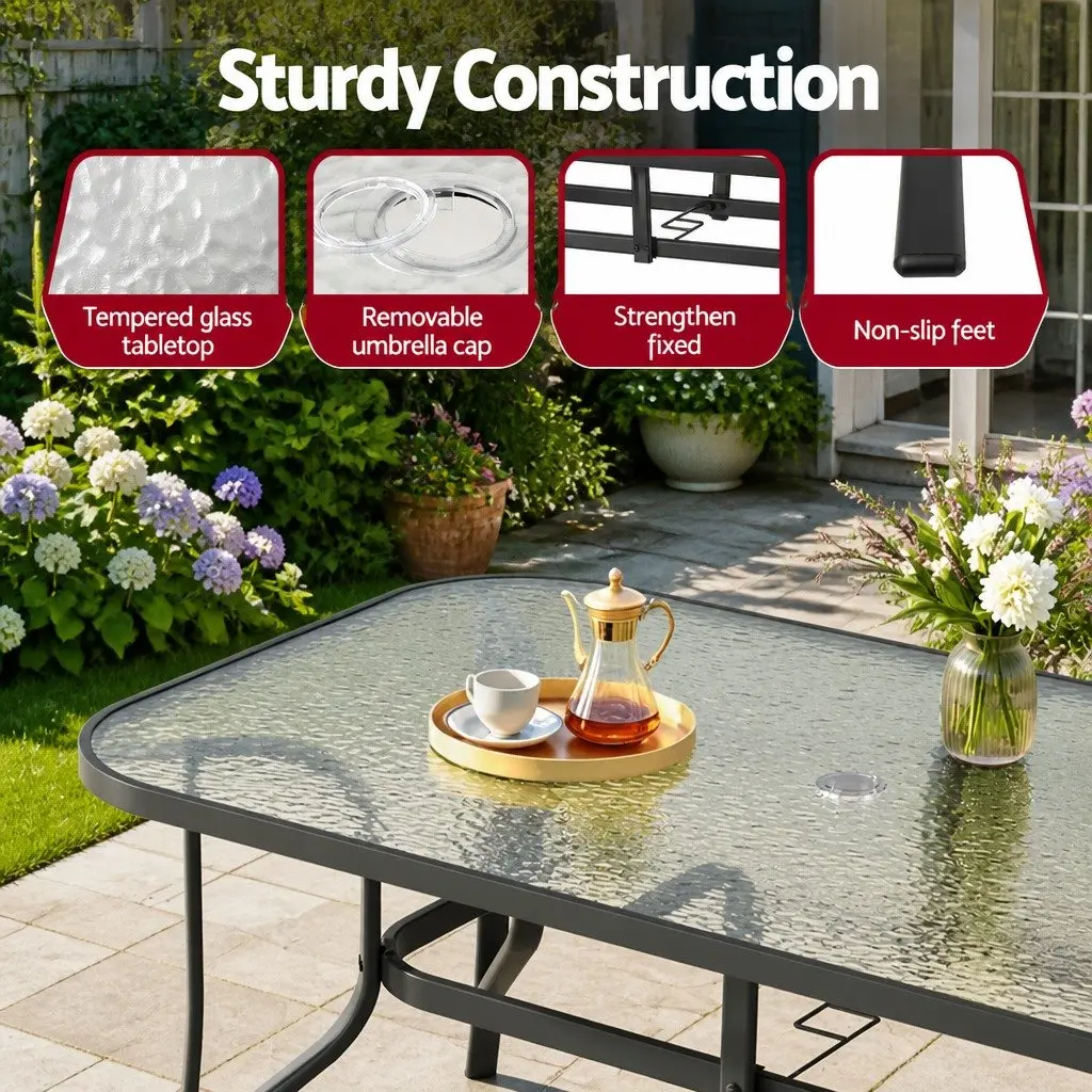 Outdoor Dining Table Black 140cm Steel Frame Tempered Glass Parasol Hole