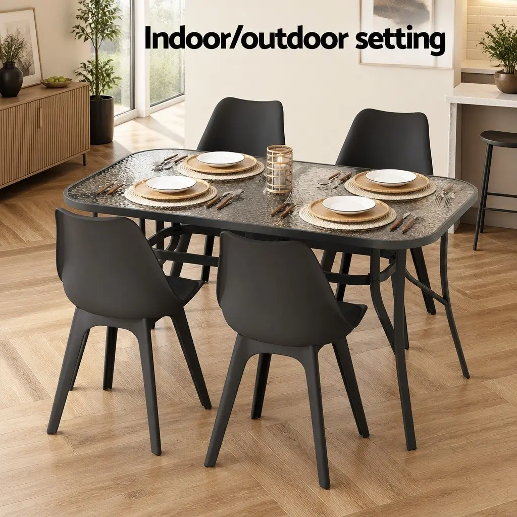 Outdoor Dining Table Black 140cm Steel Frame Tempered Glass Parasol Hole