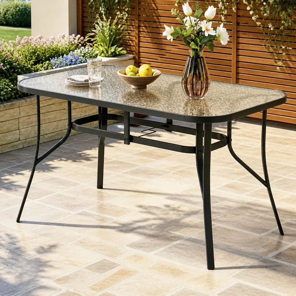 Outdoor Dining Table Black 140cm Steel Frame Tempered Glass Parasol Hole