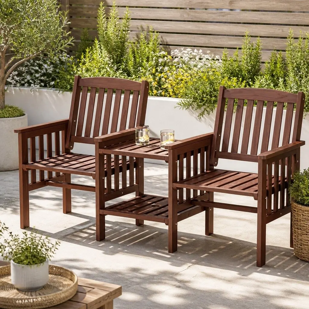 Outdoor Bench Brown 2-Seater Loveseat Wooden with Table Double-Deck Storage Parasol Hole