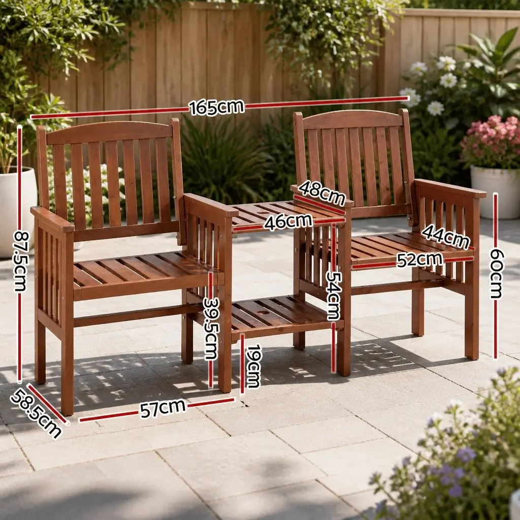 Outdoor Bench Brown 2-Seater Loveseat Wooden with Table Double-Deck Storage Parasol Hole