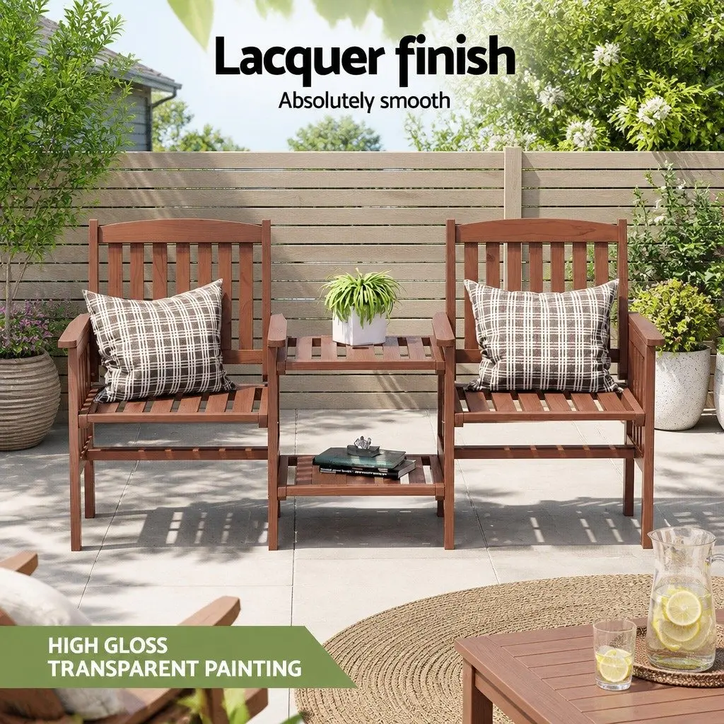 Outdoor Bench Brown 2-Seater Loveseat Wooden with Table Double-Deck Storage Parasol Hole