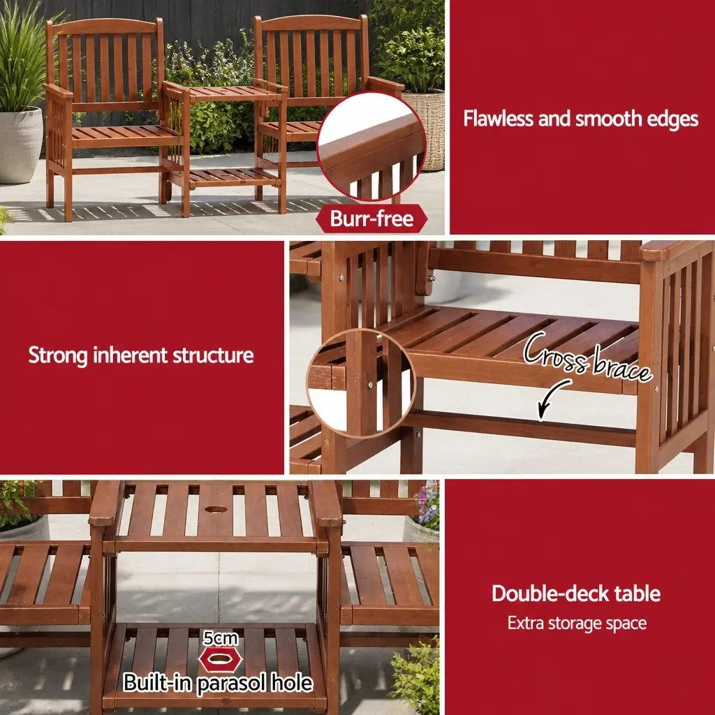 Outdoor Bench Brown 2-Seater Loveseat Wooden with Table Double-Deck Storage Parasol Hole