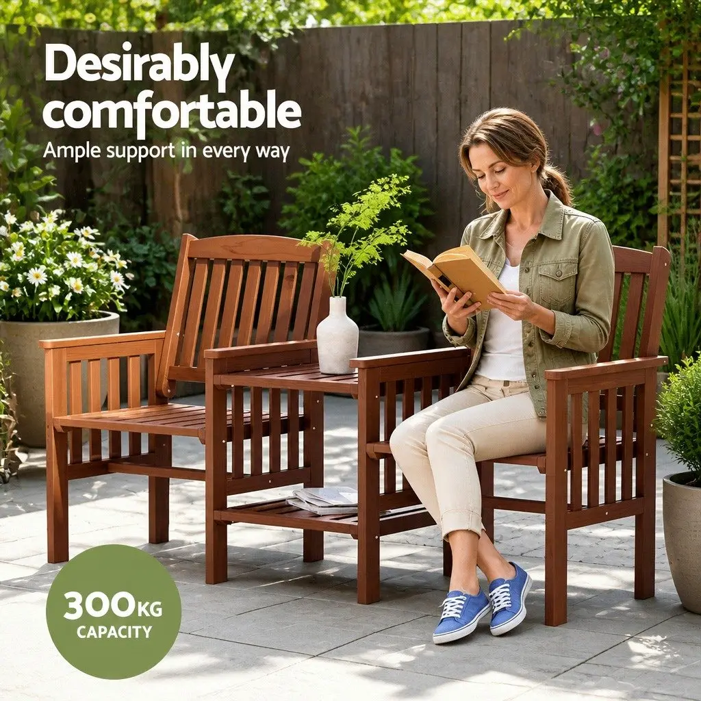 Outdoor Bench Brown 2-Seater Loveseat Wooden with Table Double-Deck Storage Parasol Hole