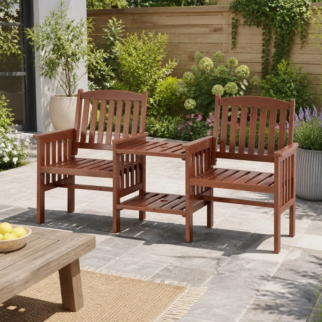 Outdoor Bench Brown 2-Seater Loveseat Wooden with Table Double-Deck Storage Parasol Hole