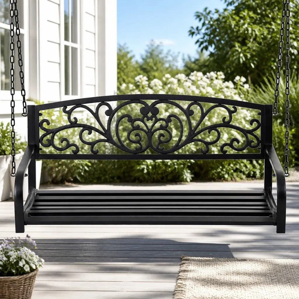 Outdoor Swing Chair Black 2-Seater Powder-Coated Steel Frame Heavy-Duty Metal Chains Backrest