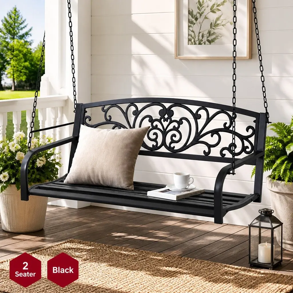 Outdoor Swing Chair Black 2-Seater Powder-Coated Steel Frame Heavy-Duty Metal Chains Backrest