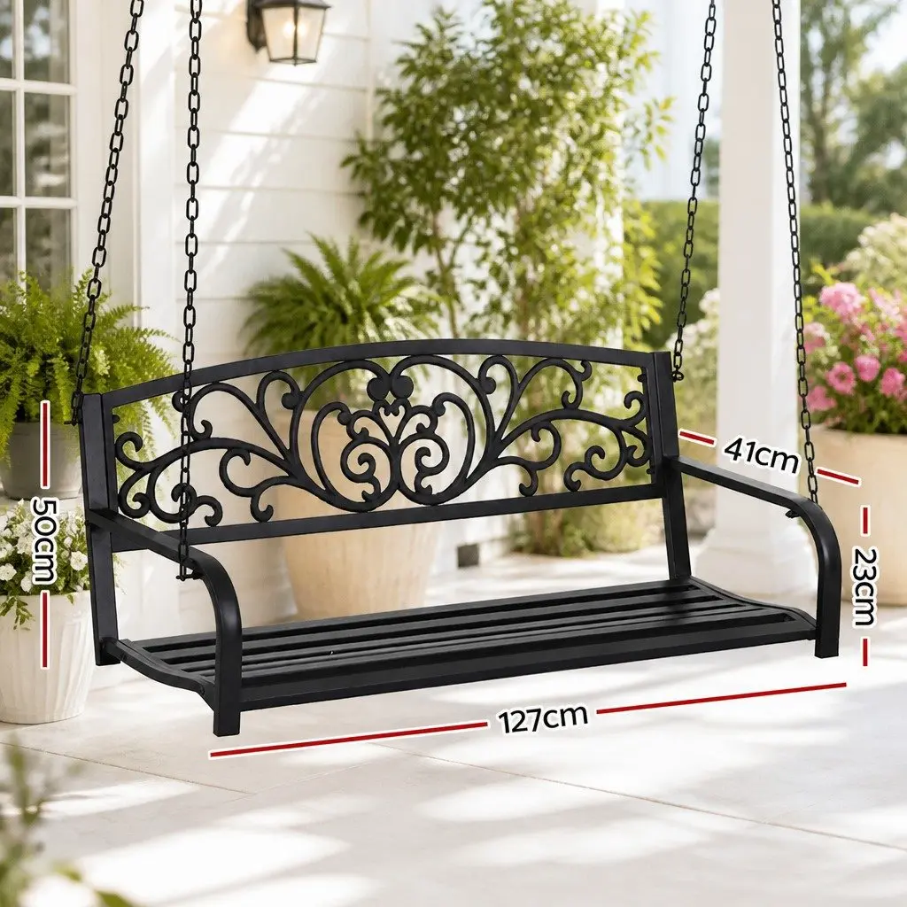 Outdoor Swing Chair Black 2-Seater Powder-Coated Steel Frame Heavy-Duty Metal Chains Backrest