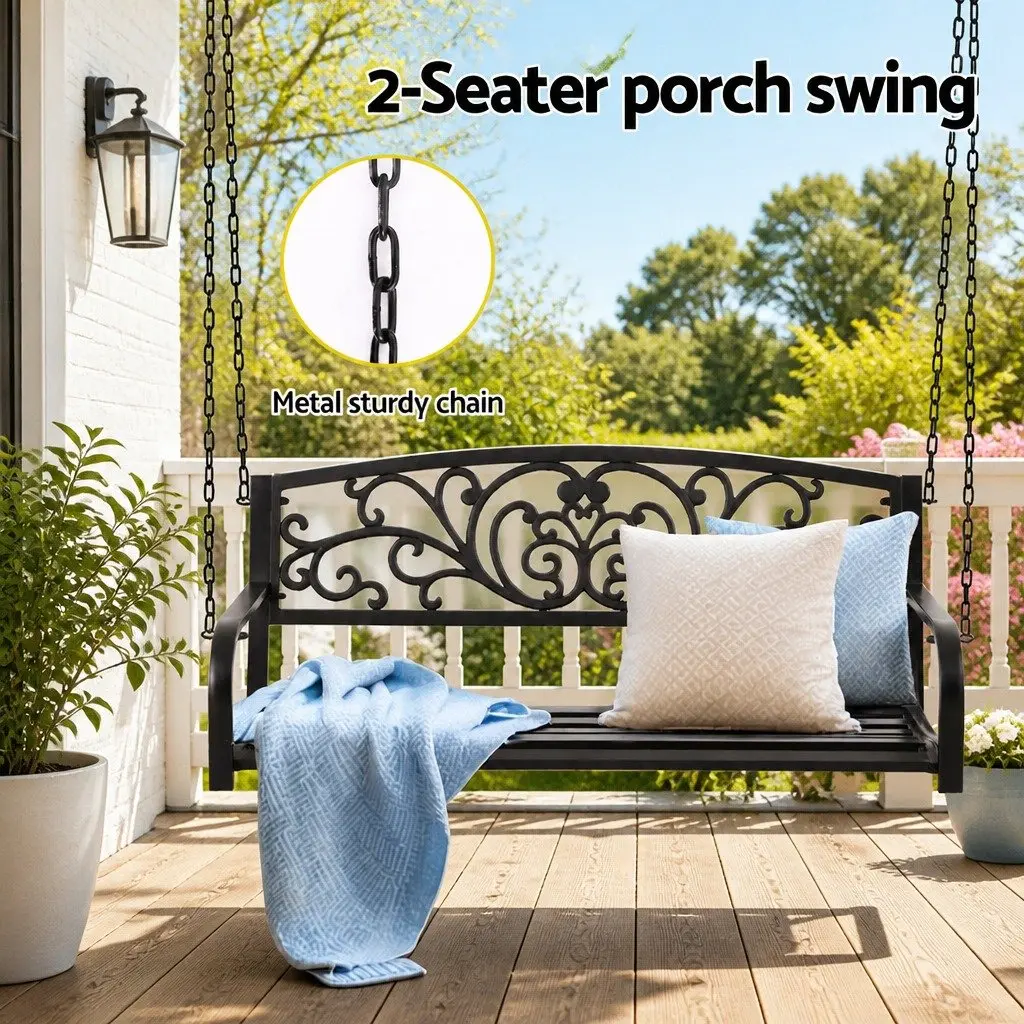 Outdoor Swing Chair Black 2-Seater Powder-Coated Steel Frame Heavy-Duty Metal Chains Backrest