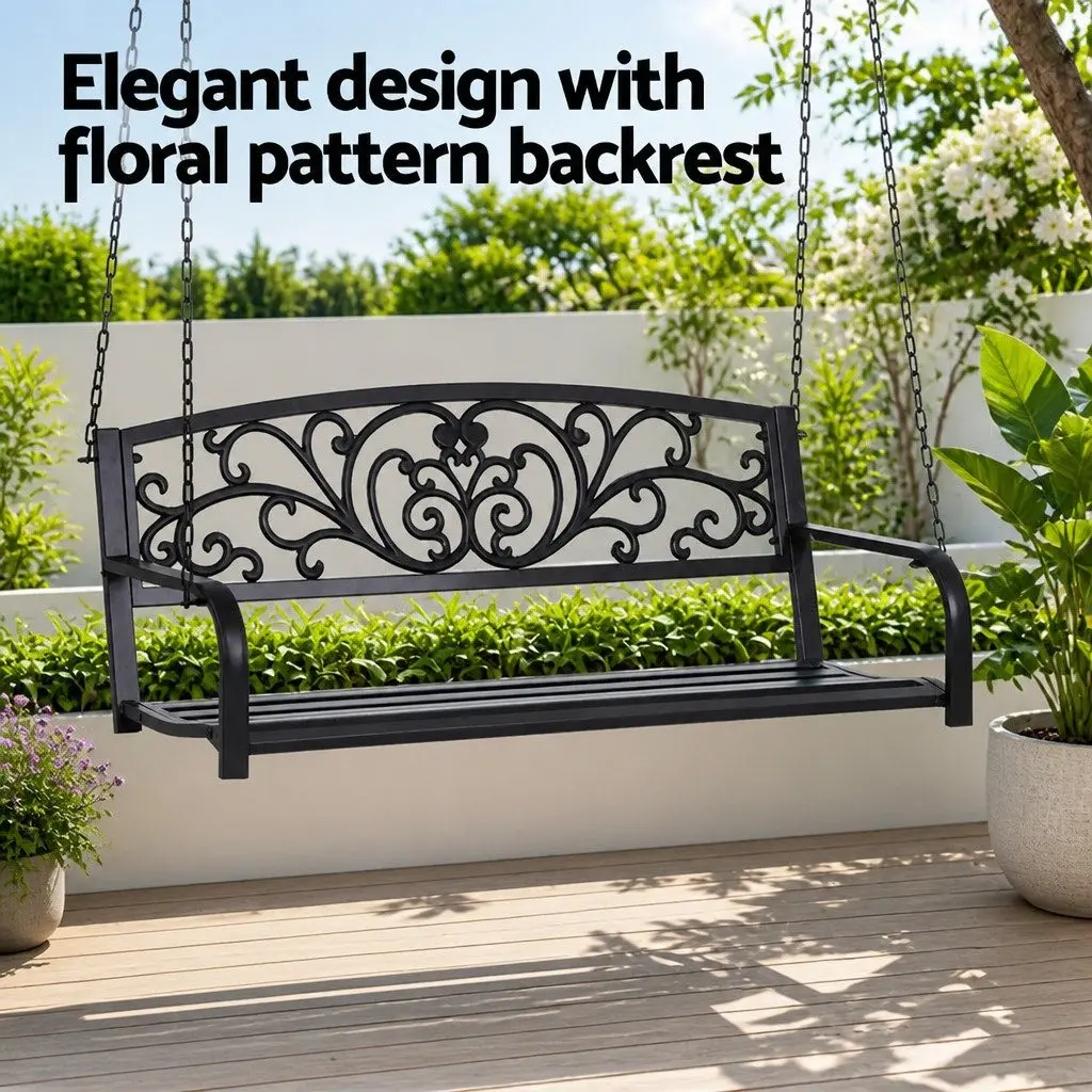 Outdoor Swing Chair Black 2-Seater Powder-Coated Steel Frame Heavy-Duty Metal Chains Backrest