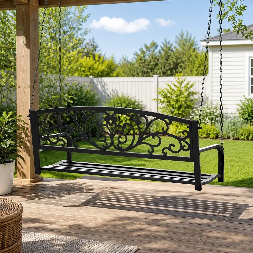 Outdoor Swing Chair Black 2-Seater Powder-Coated Steel Frame Heavy-Duty Metal Chains Backrest