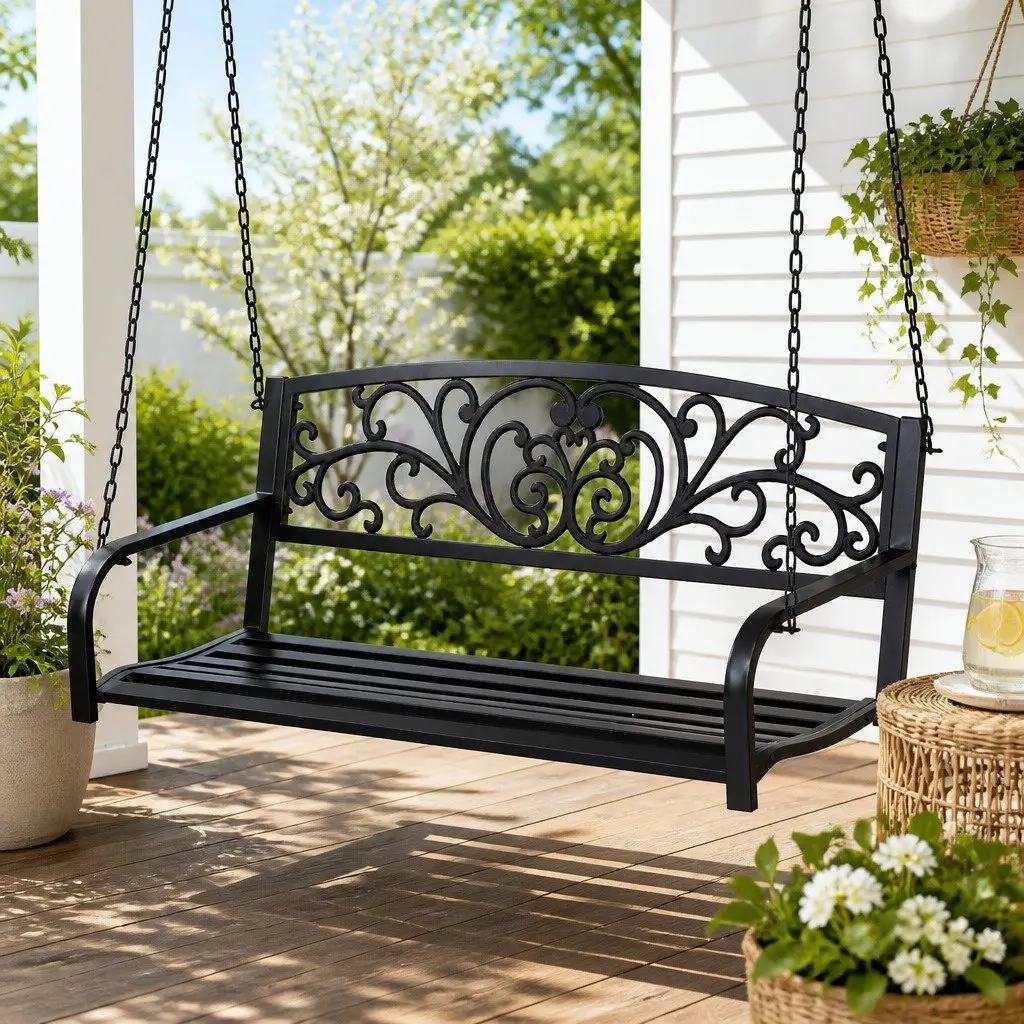 Outdoor Swing Chair Black 2-Seater Powder-Coated Steel Frame Heavy-Duty Metal Chains Backrest