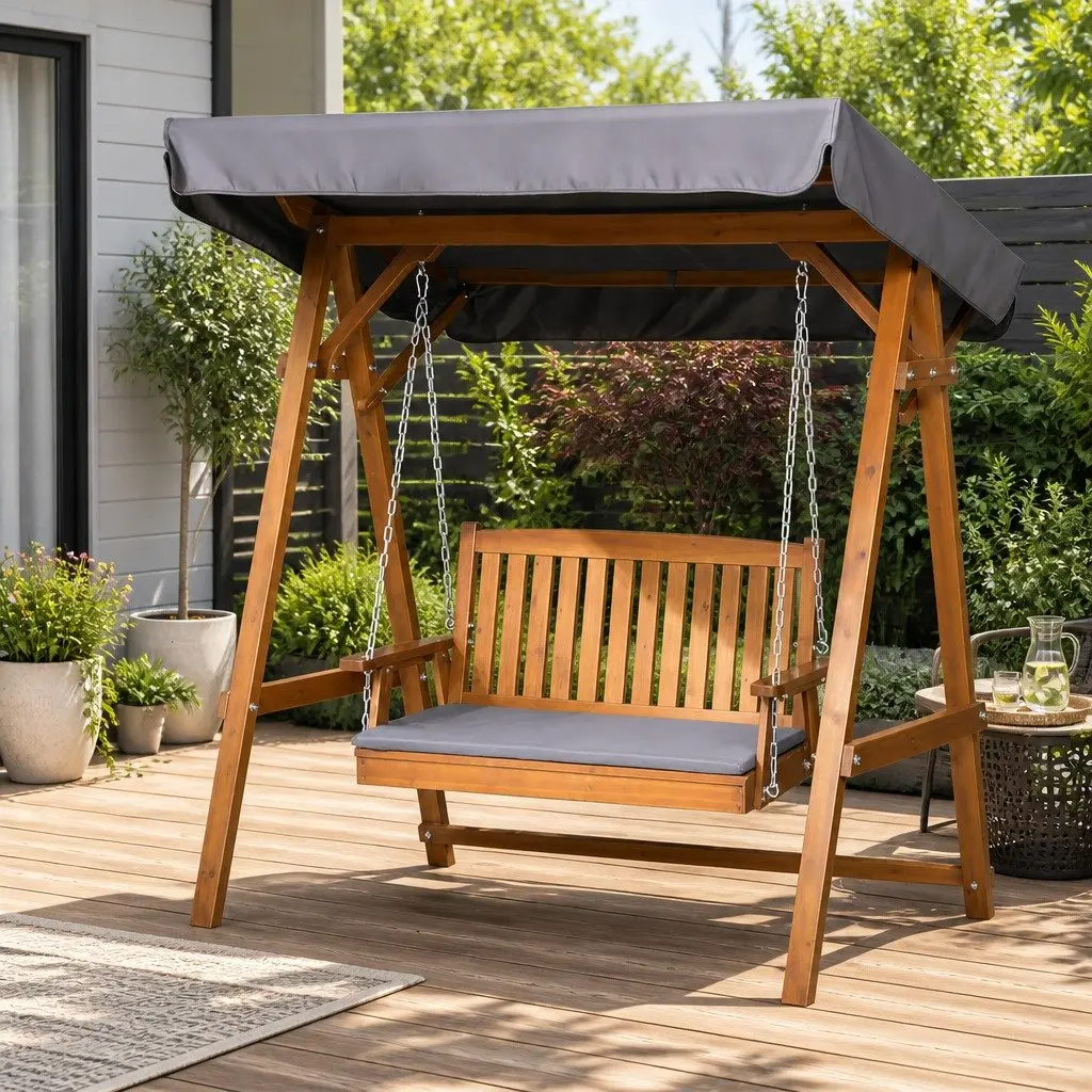 Swing Chair Teak 2 Seater Outdoor Furniture Adjustable Canopy