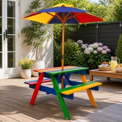 Kids Wooden Picnic Table Set with Umbrella Outdoor Indoor Play Furniture