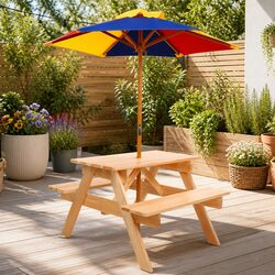 Kids Wooden Picnic Table Set with Benches Umbrella Outdoor Indoor Play Furniture