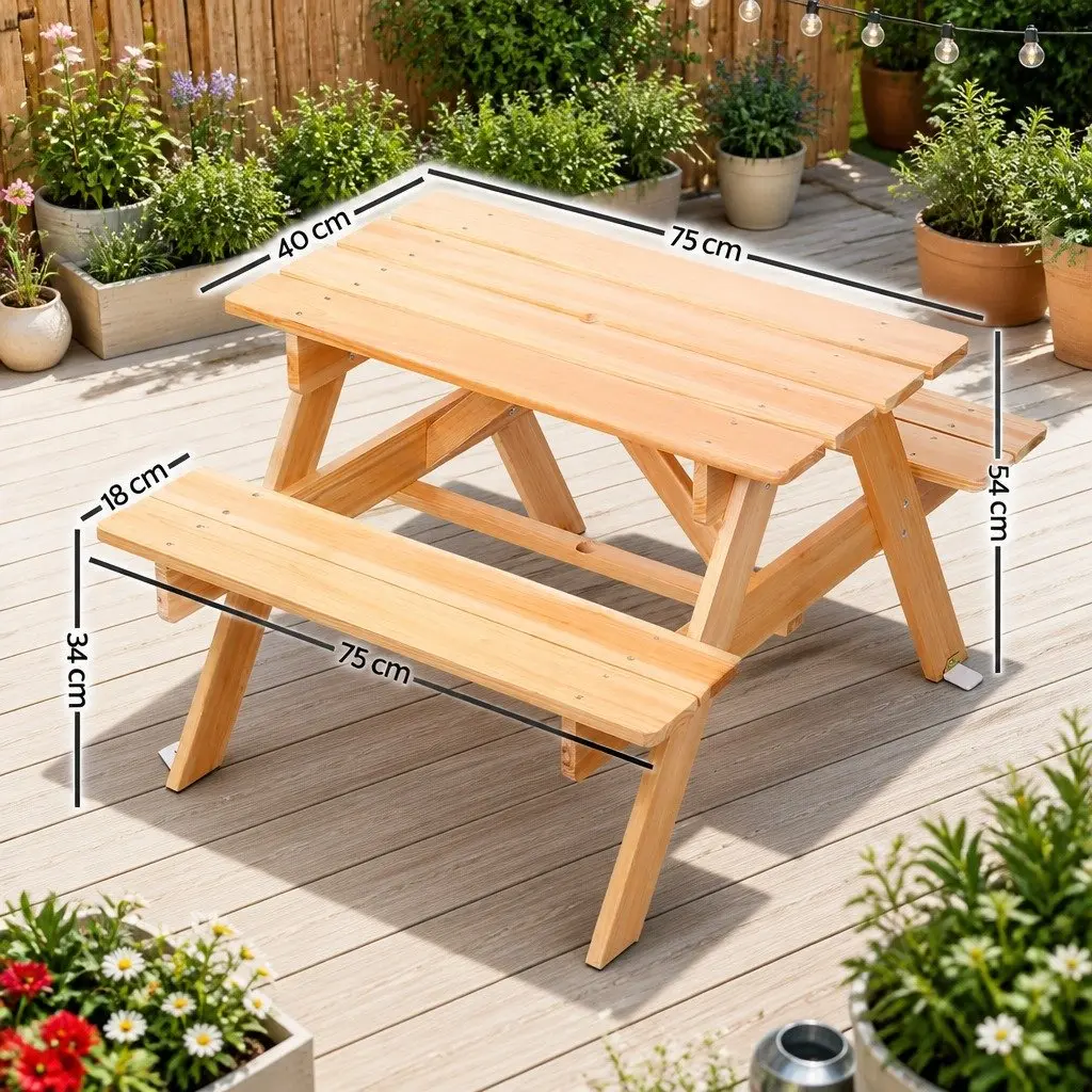 Kids Wooden Picnic Table Set Natural Wood 75 x 40 cm with Benches and Removable Umbrella for Outdoor Indoor Play