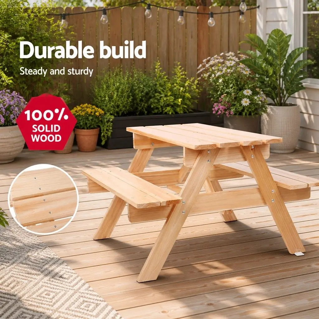Kids Wooden Picnic Table Set Natural Wood 75 x 40 cm with Benches and Removable Umbrella for Outdoor Indoor Play