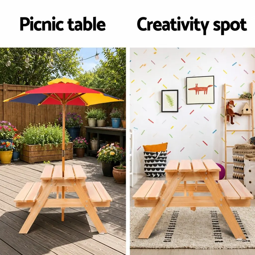 Kids Wooden Picnic Table Set Natural Wood 75 x 40 cm with Benches and Removable Umbrella for Outdoor Indoor Play