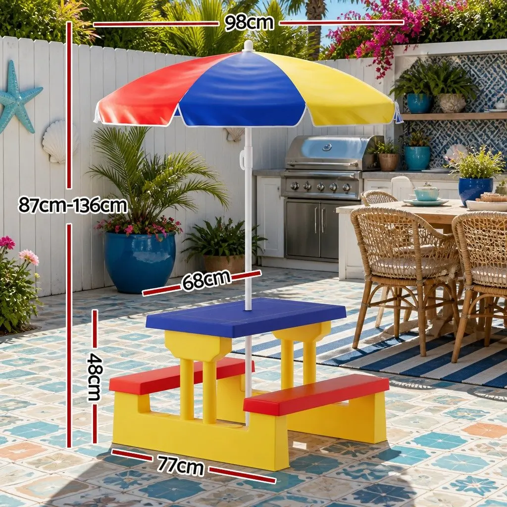 Kids Table and Chairs Set Blue Adjustable Umbrella Indoor Outdoor Play