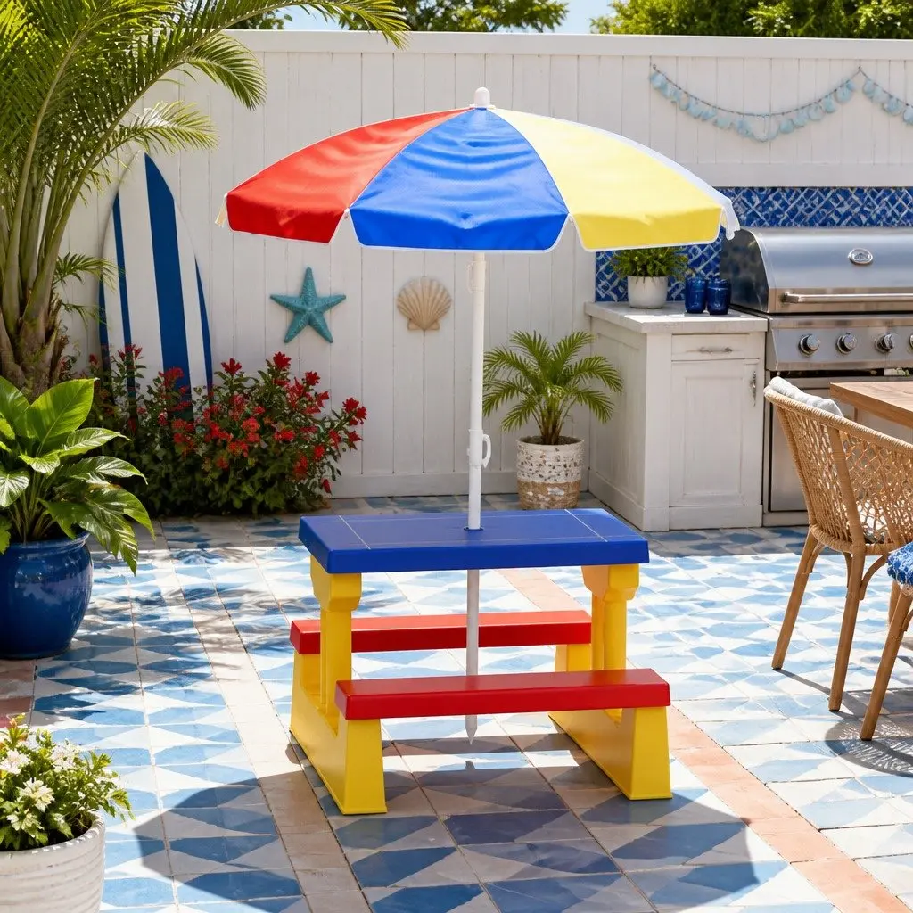 Kids Table and Chairs Set Blue Adjustable Umbrella Indoor Outdoor Play