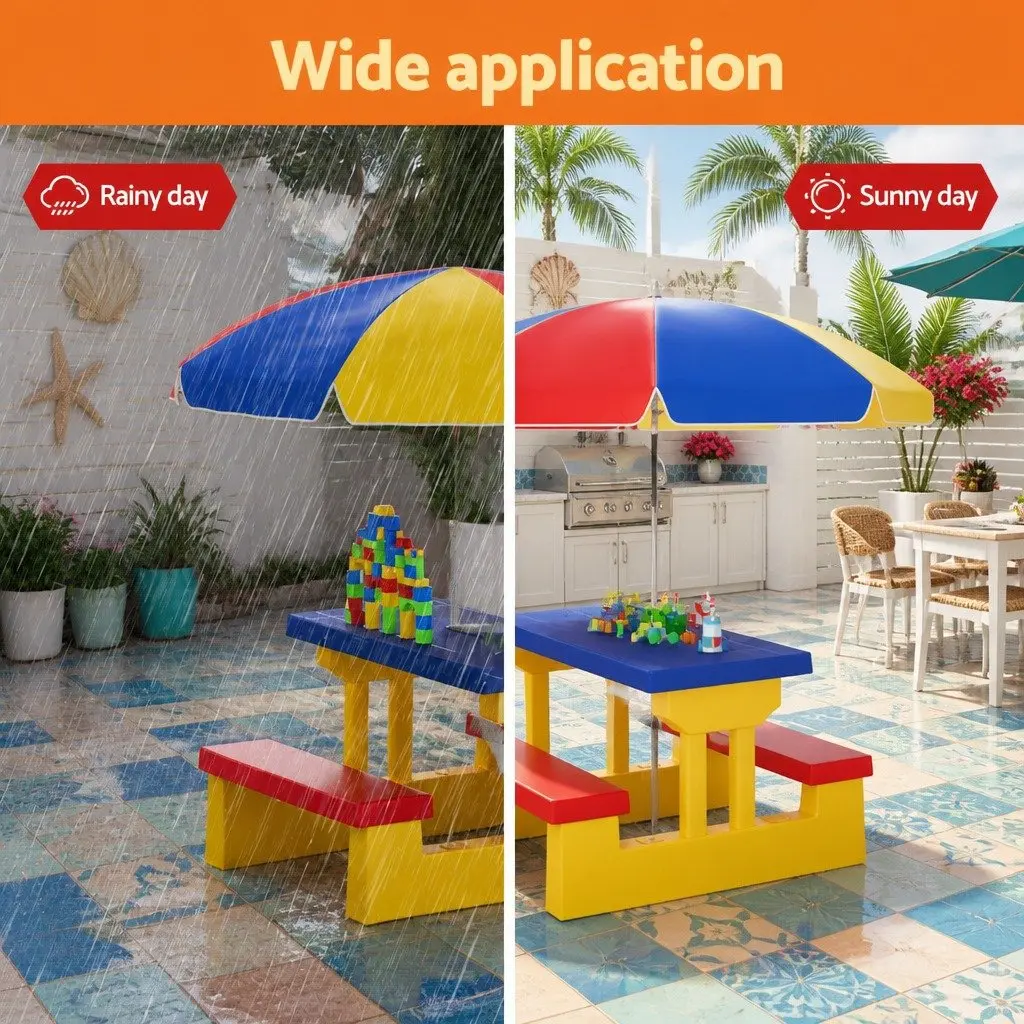 Kids Table and Chairs Set Blue Adjustable Umbrella Indoor Outdoor Play
