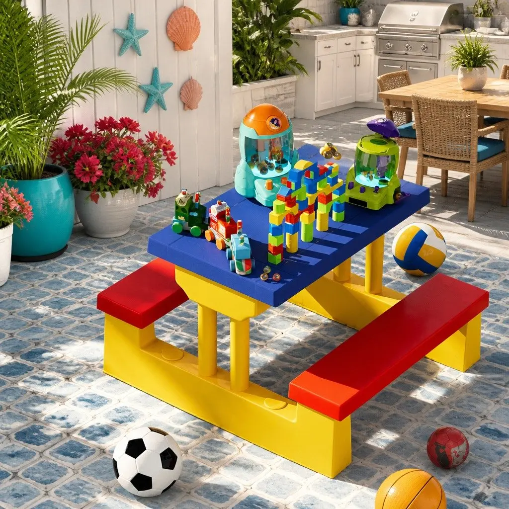 Kids Table and Chairs Set Blue Adjustable Umbrella Indoor Outdoor Play