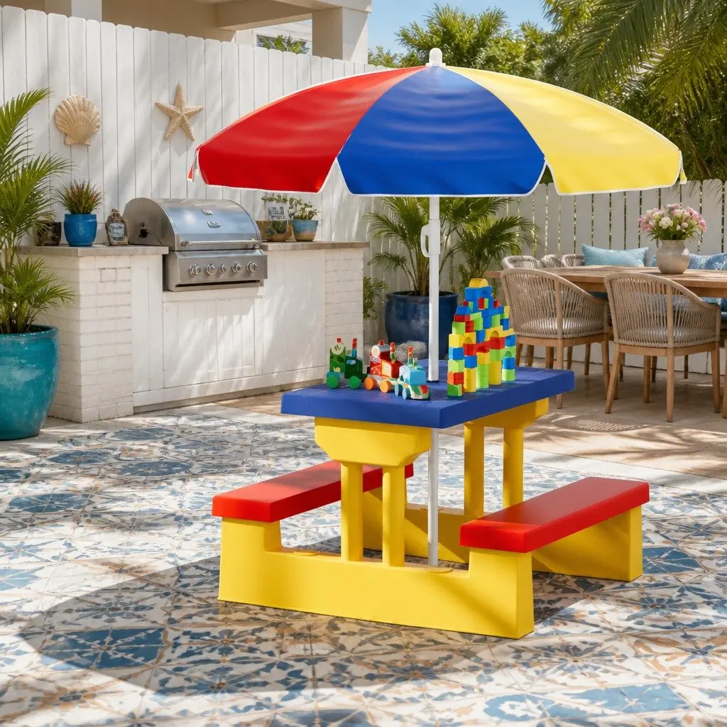 Kids Table and Chairs Set Blue Adjustable Umbrella Indoor Outdoor Play