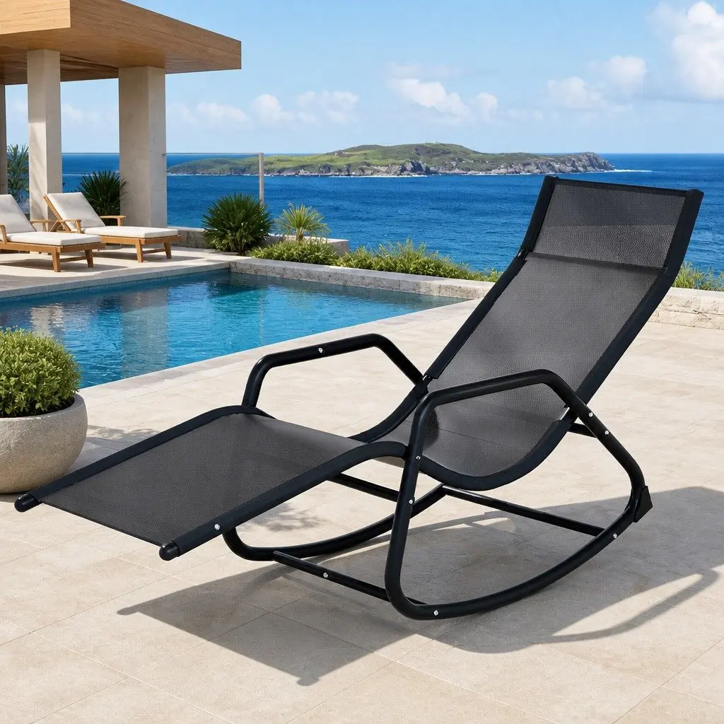 Outdoor Rocking Chair Black Steel Frame Breathable Fabric Weather Resistant Relaxer