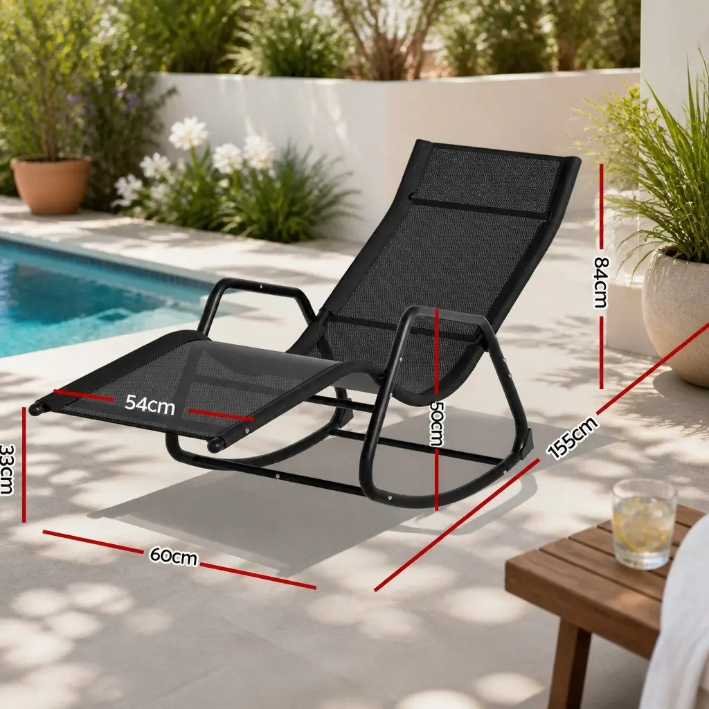Outdoor Rocking Chair Black Steel Frame Breathable Fabric Weather Resistant Relaxer