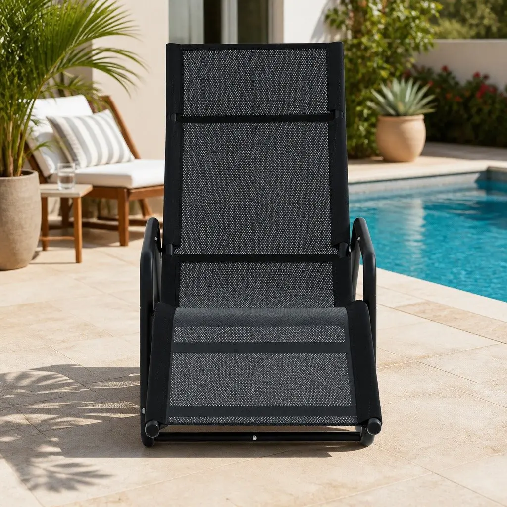 Outdoor Rocking Chair Black Steel Frame Breathable Fabric Weather Resistant Relaxer