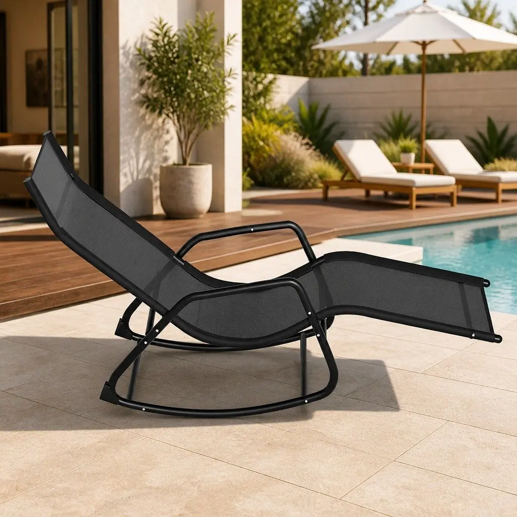 Outdoor Rocking Chair Black Steel Frame Breathable Fabric Weather Resistant Relaxer