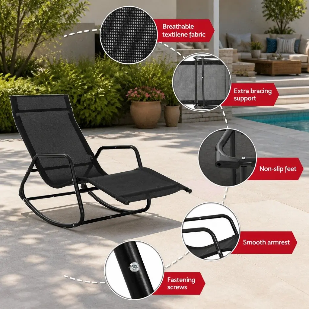 Outdoor Rocking Chair Black Steel Frame Breathable Fabric Weather Resistant Relaxer