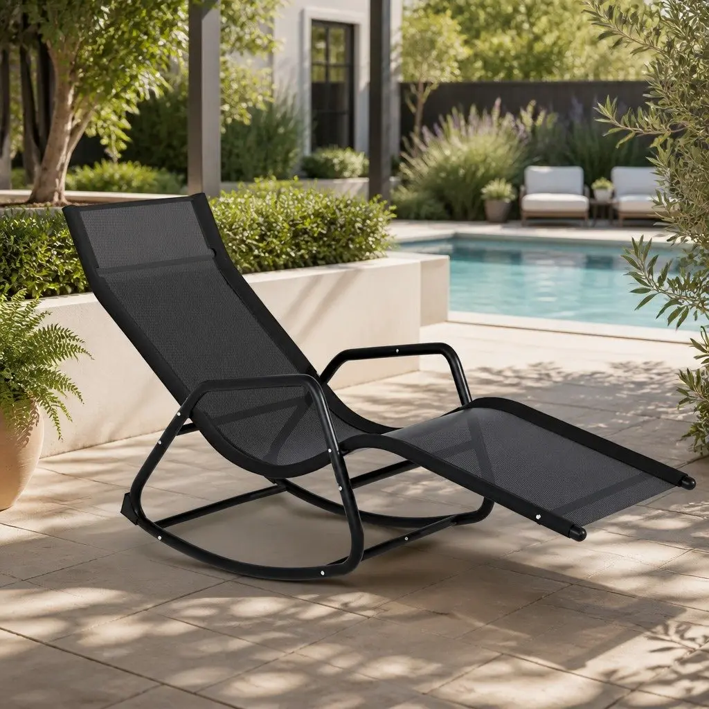 Outdoor Rocking Chair Black Steel Frame Breathable Fabric Weather Resistant Relaxer