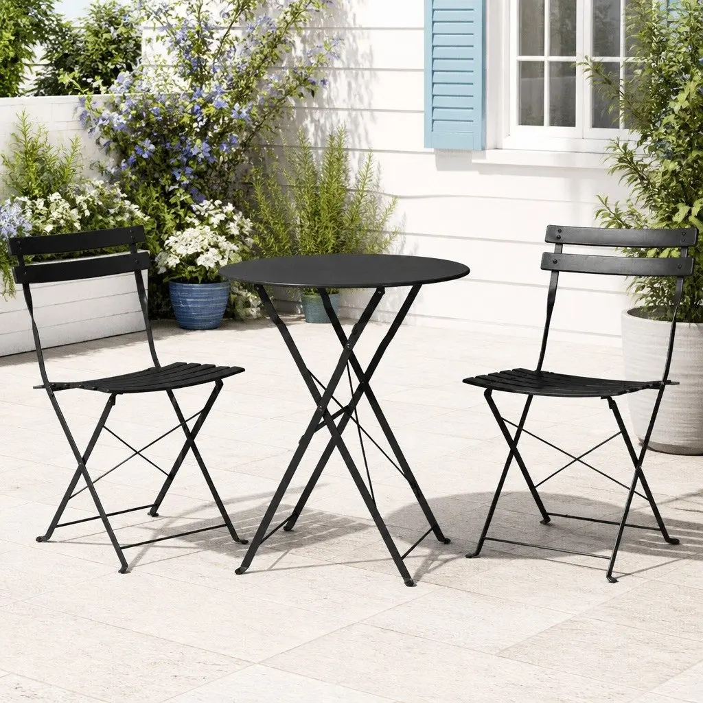 3PC Outdoor Bistro Set Black Steel Foldable Table Chairs