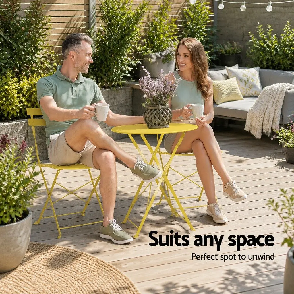 3 Piece Outdoor Bistro Set Yellow Foldable Steel Table Chairs