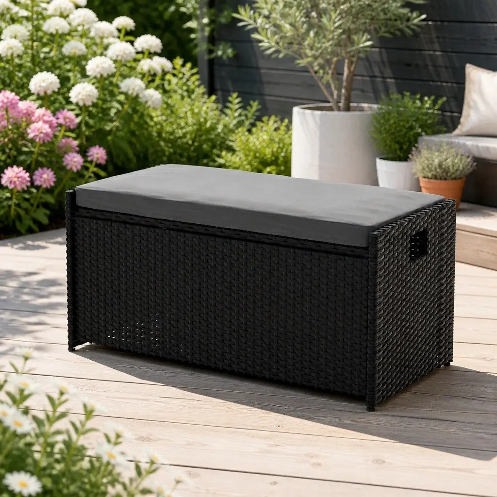 Black Garden Storage Bench with Cushion