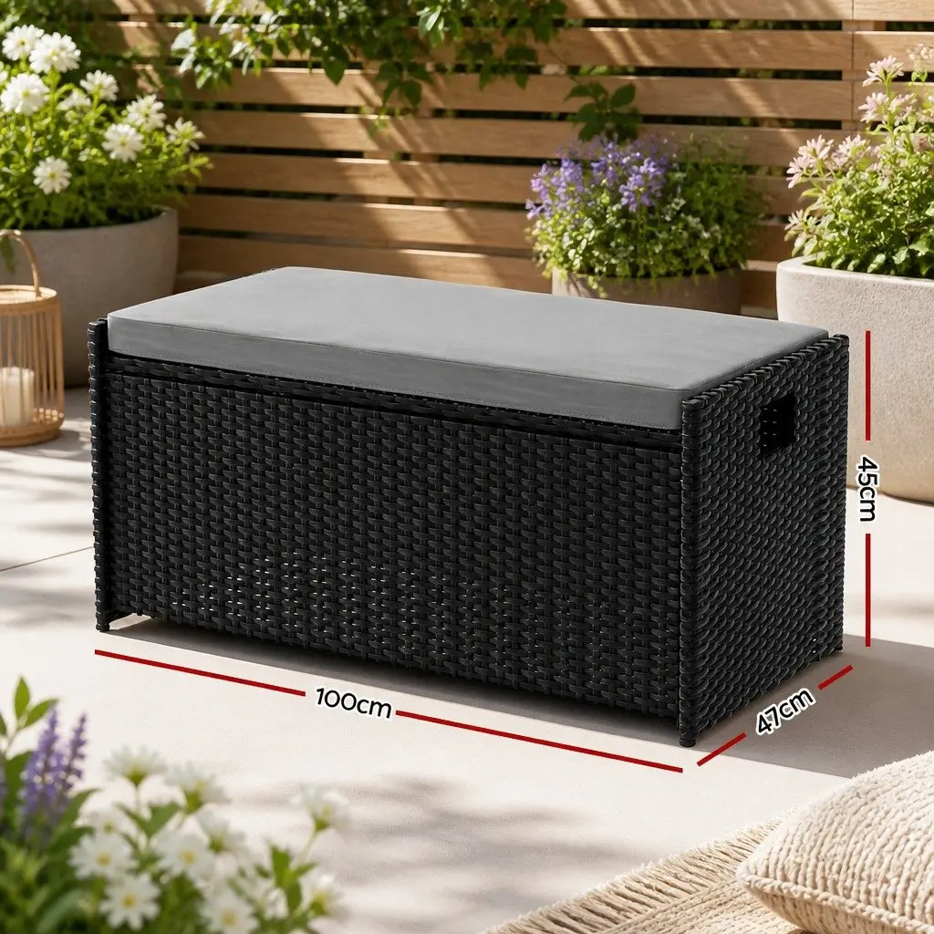 Outdoor Storage Bench Box Wicker Garden Patio Furniture Seat with Cushion Black
