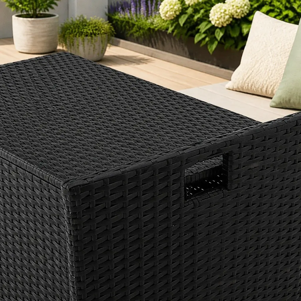 Outdoor Storage Bench Box Wicker Garden Patio Furniture Seat with Cushion Black