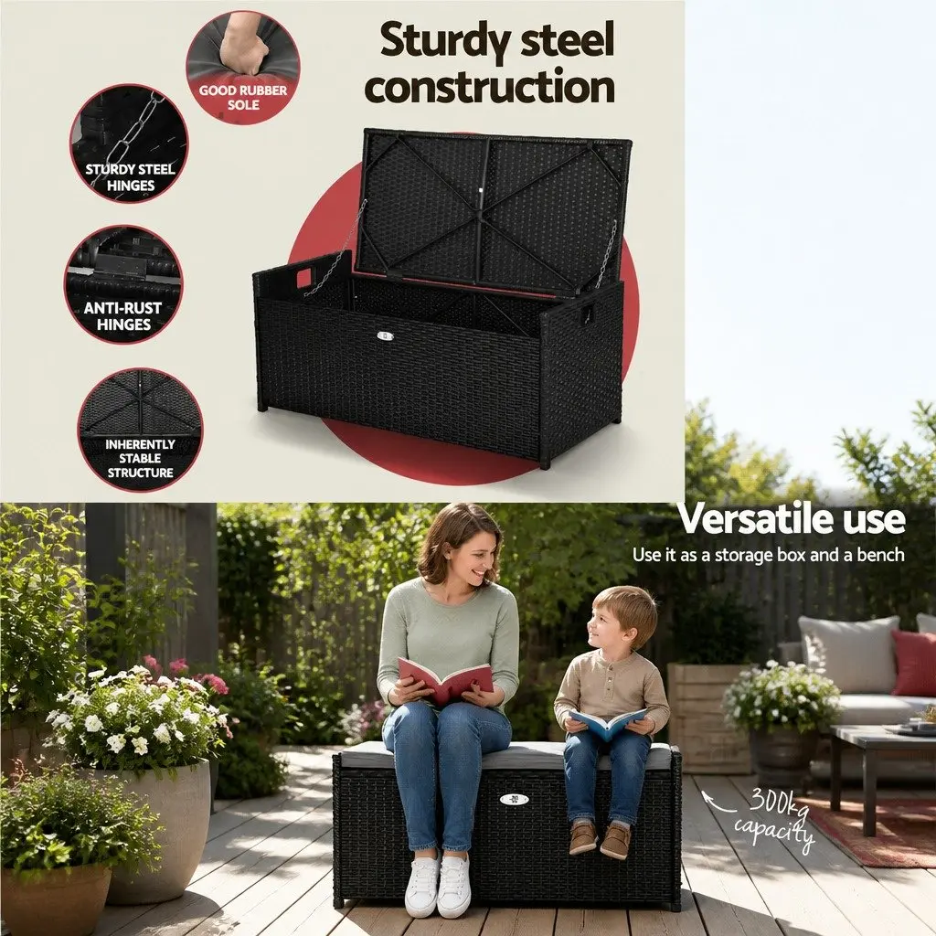 Outdoor Storage Bench Box Wicker Garden Patio Furniture Seat with Cushion Black