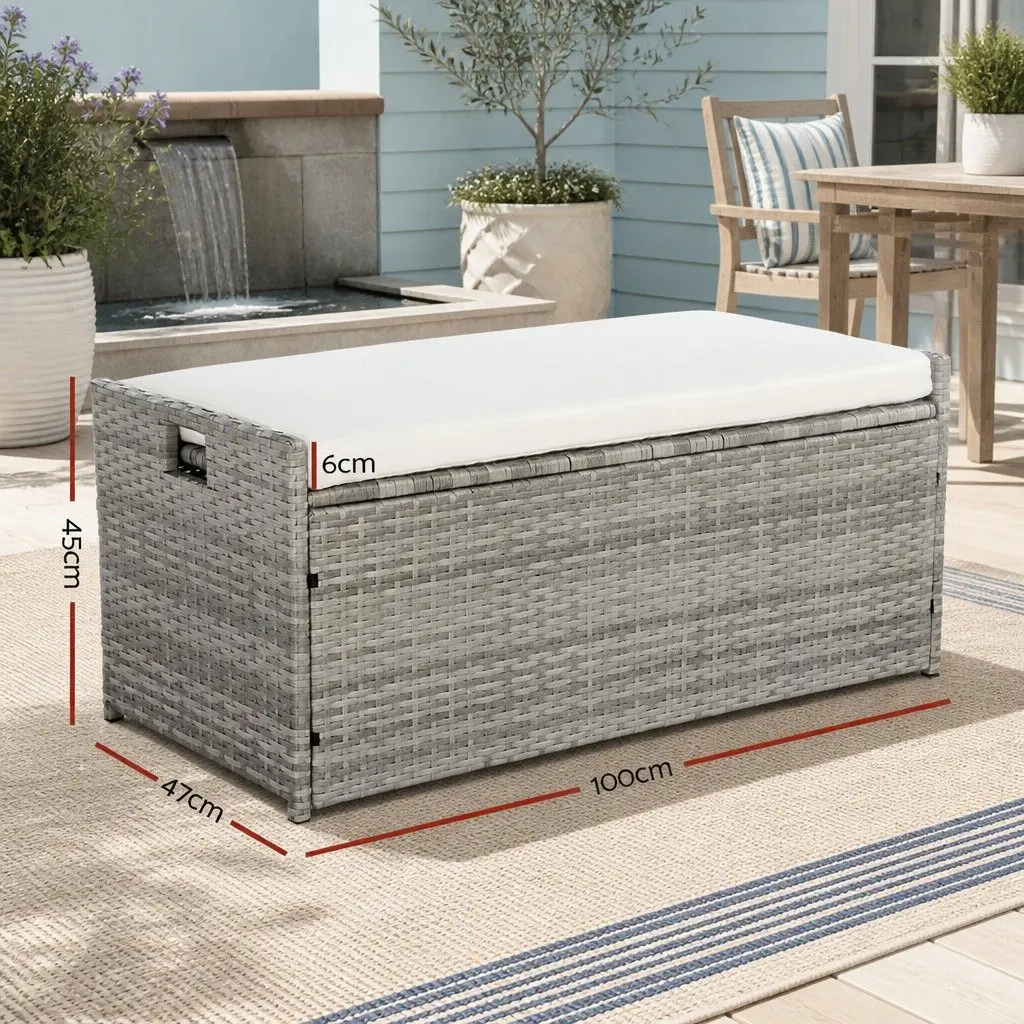 Outdoor Storage Bench Box Wicker Patio Furniture Garden Tools Cushion Grey 100cm