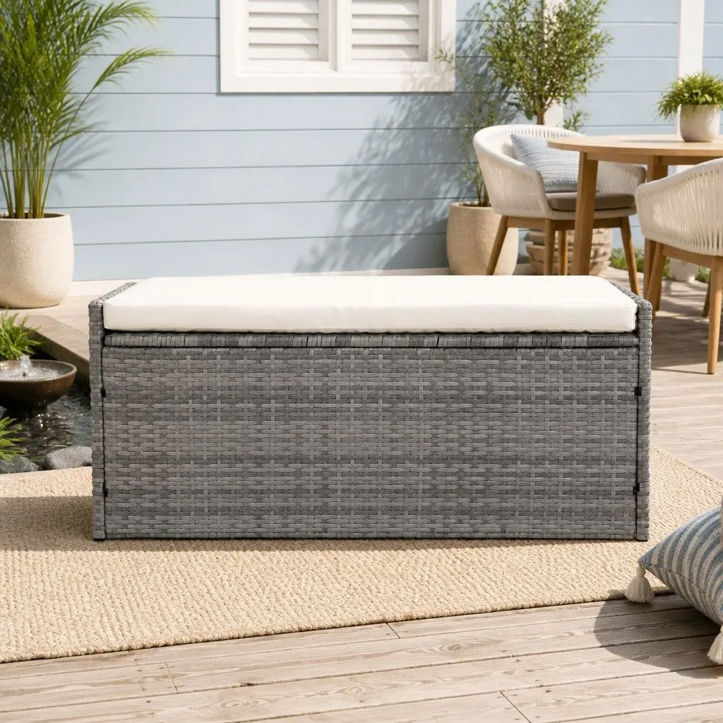 Outdoor Storage Bench Box Wicker Patio Furniture Garden Tools Cushion Grey 100cm